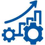 Blue icon showing gears, bar graphs, and an upward arrow, symbolizing scalable performance and operational growth.
